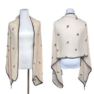 Linear Scarf Anchor Nautical Wrap Shawl‎ Cream Lace Black Gold Charm 69"x20"